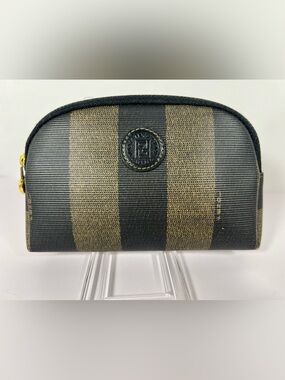 7530: Fendi Pequin Stripe Cosmetic Pouch Vanity Case Brown Black Italy